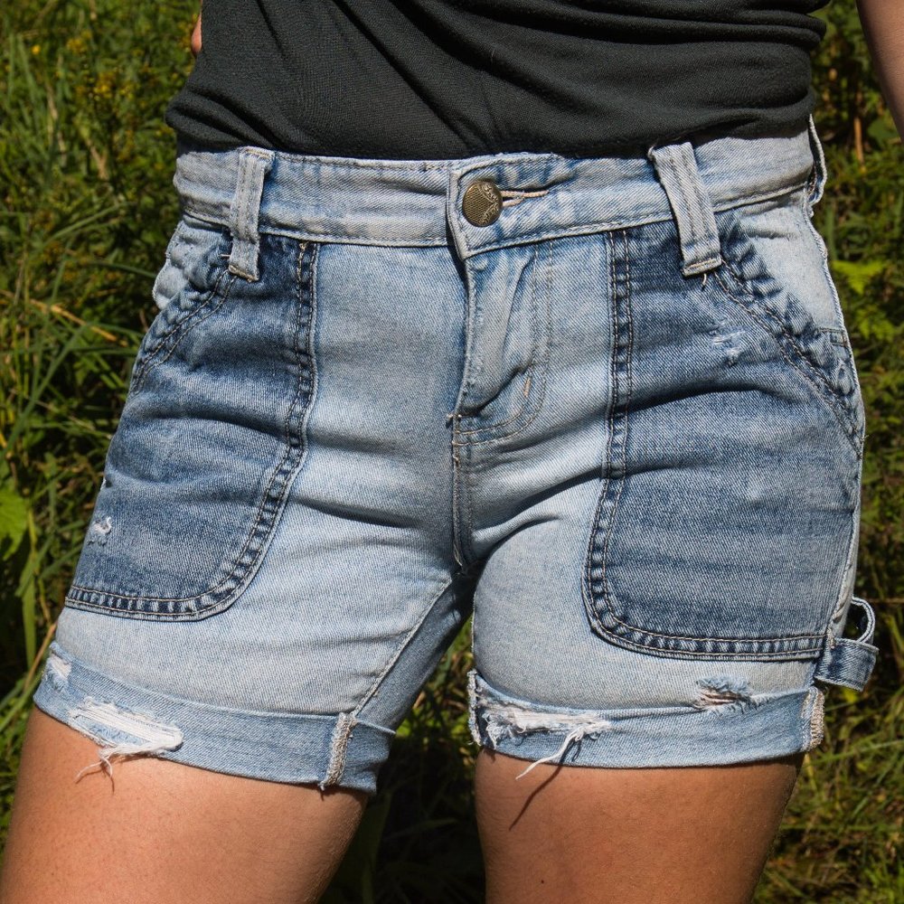 Free People Two-Tone Distressed Denim Shorts